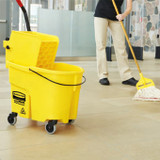 mop, bucket and caution, wet-floor sign