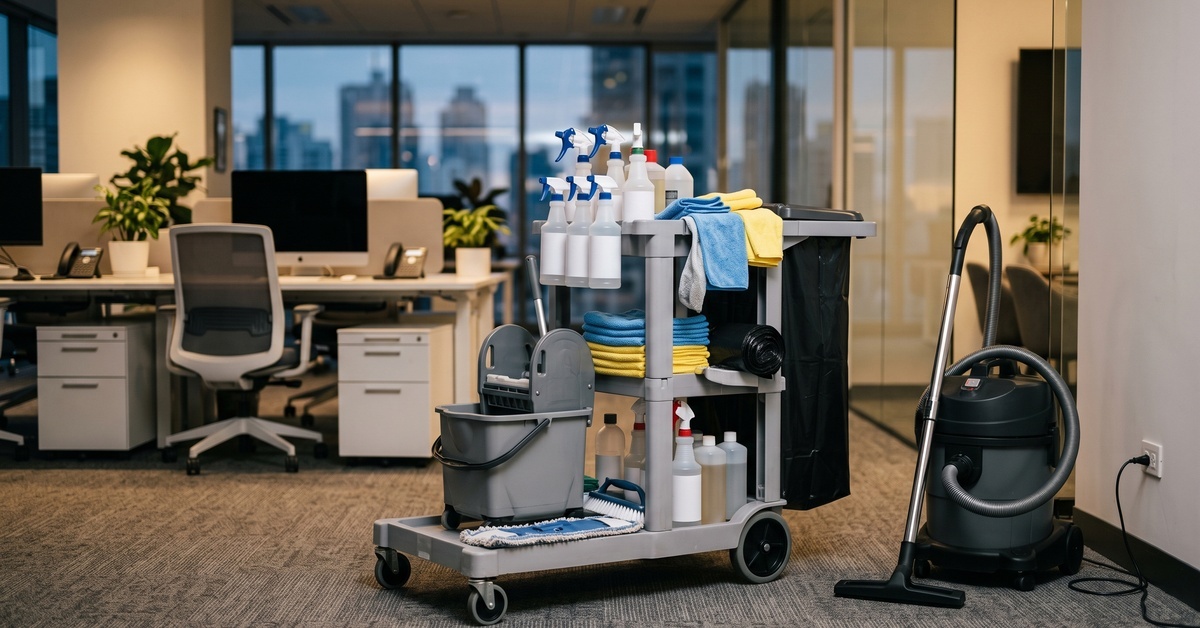 A yellow floor sign in the middle of the office signaling wet floors. Three professional cleaners are behind it mopping. A yellow floor sign in the middle of the office signaling wet floors. Three professional cleaners are behind it mopping.
