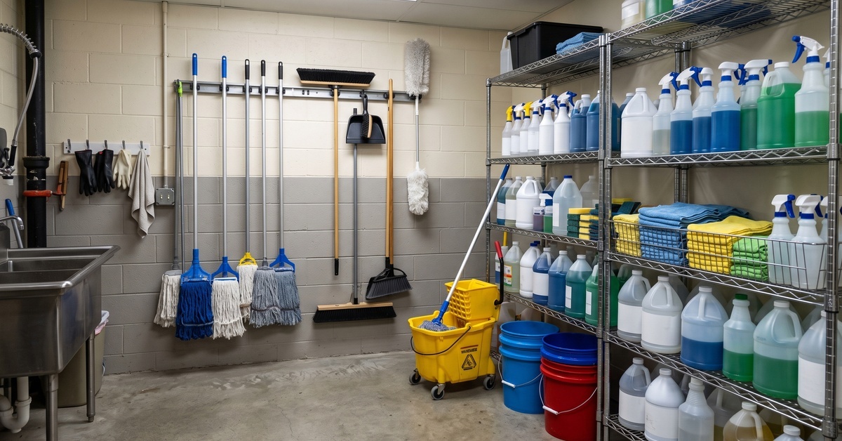 A cleaning supply closet at a commercial business. The closet has shelves with bottles and the mops are hanging. A cleaning supply closet at a commercial business. The closet has shelves with bottles and the mops are hanging.